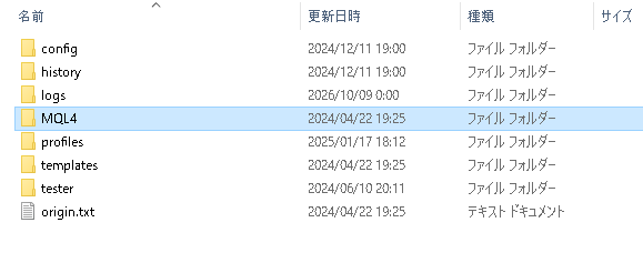 MT4のデータフォルダ(MQL4フォルダ)